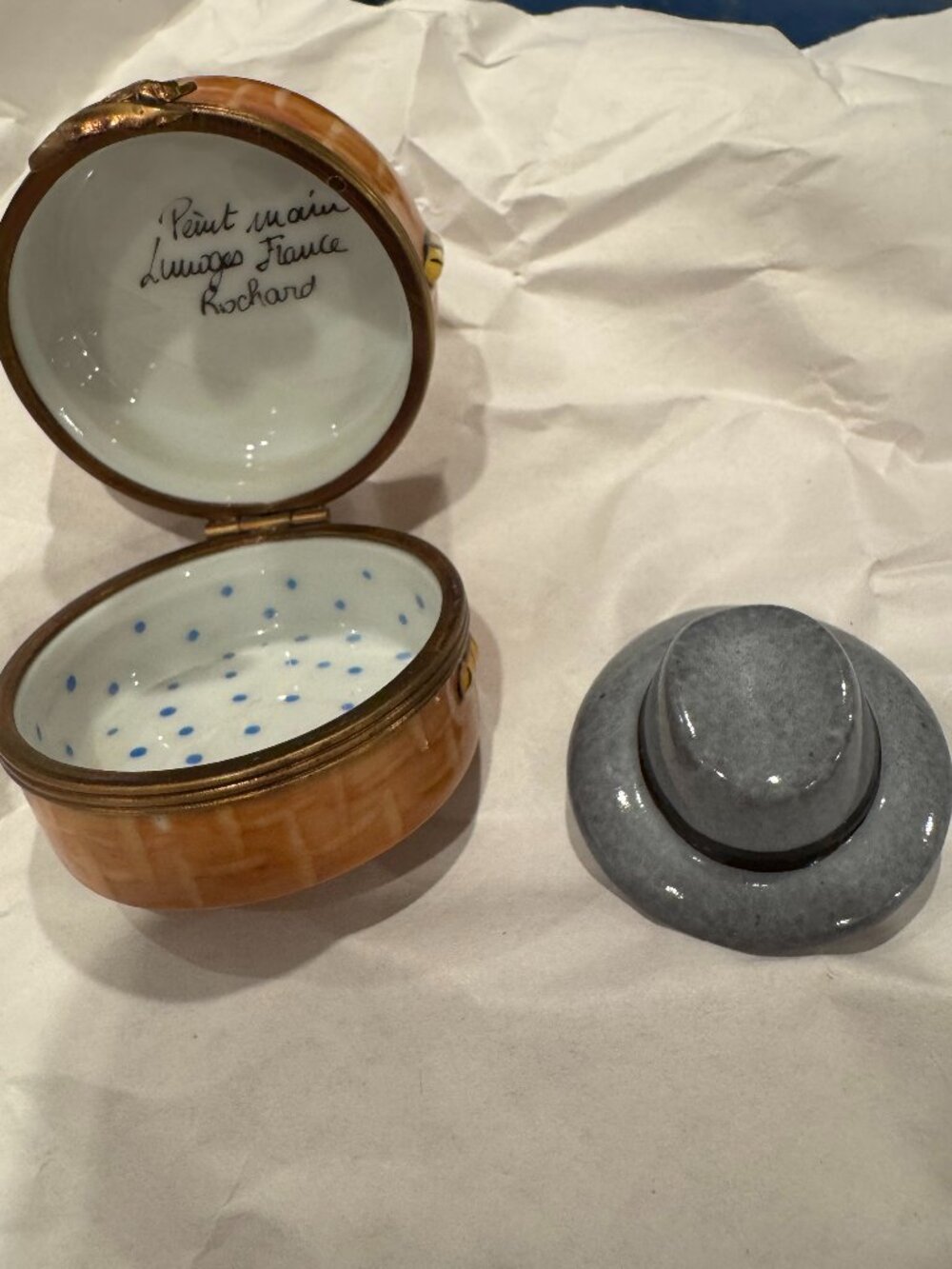 Rochard Limoges France Hand Painted Hatbox Trinket Box With Miniature Hat